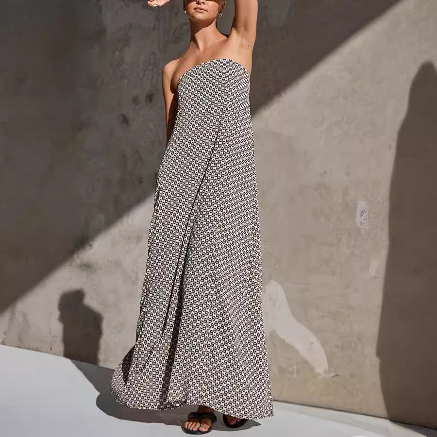Simple off Shoulder Print Sleeveless Dress Women