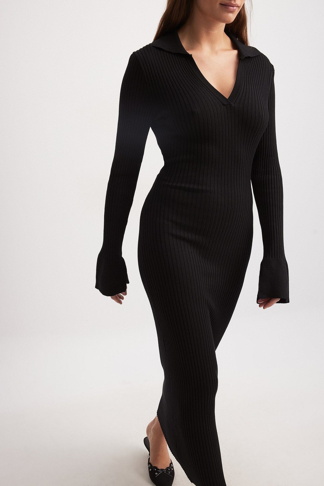 Long Sleeve Maxi Dress Knitted Deep V Plunge Sweater