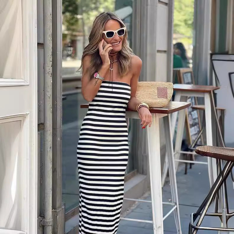 Striped Wrapped Chest Split Sheath Dress