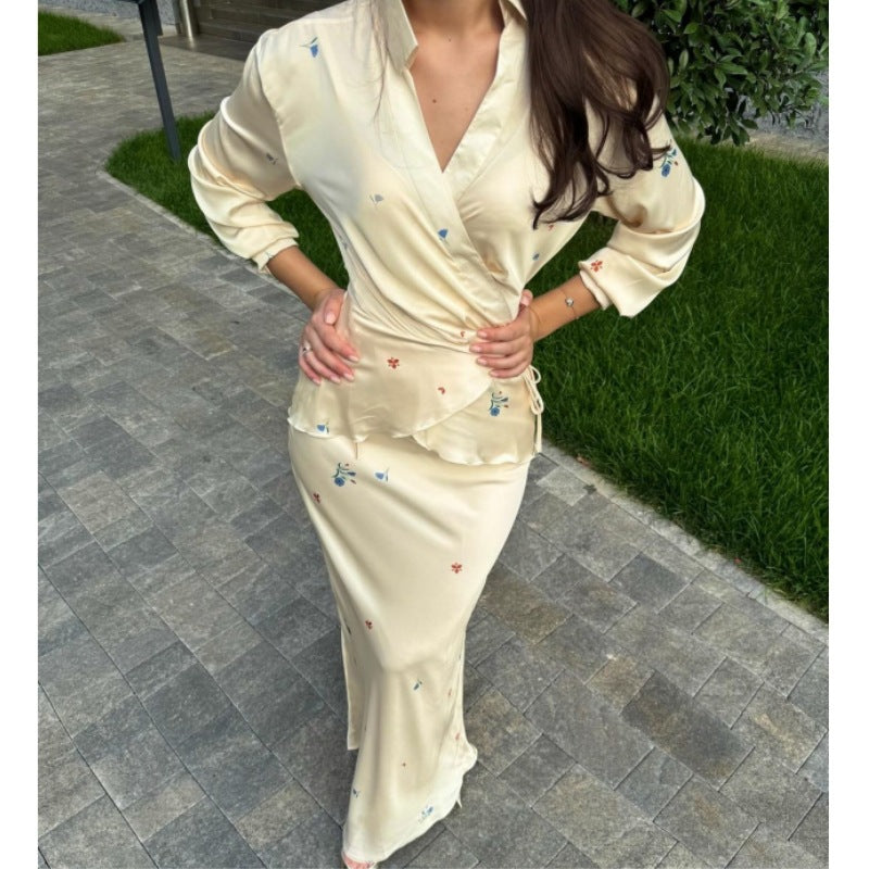 Skirt Set Elegant Satin Long Sleeve Lace up