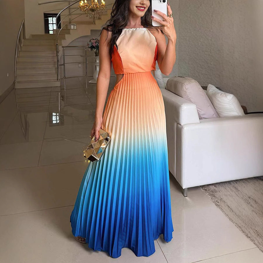 Sleeveless Dress Pleated Backless Gradient Color