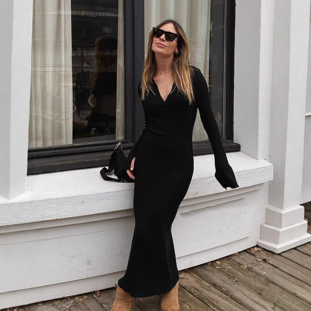 Long Sleeve Maxi Dress Knitted Deep V Plunge Sweater
