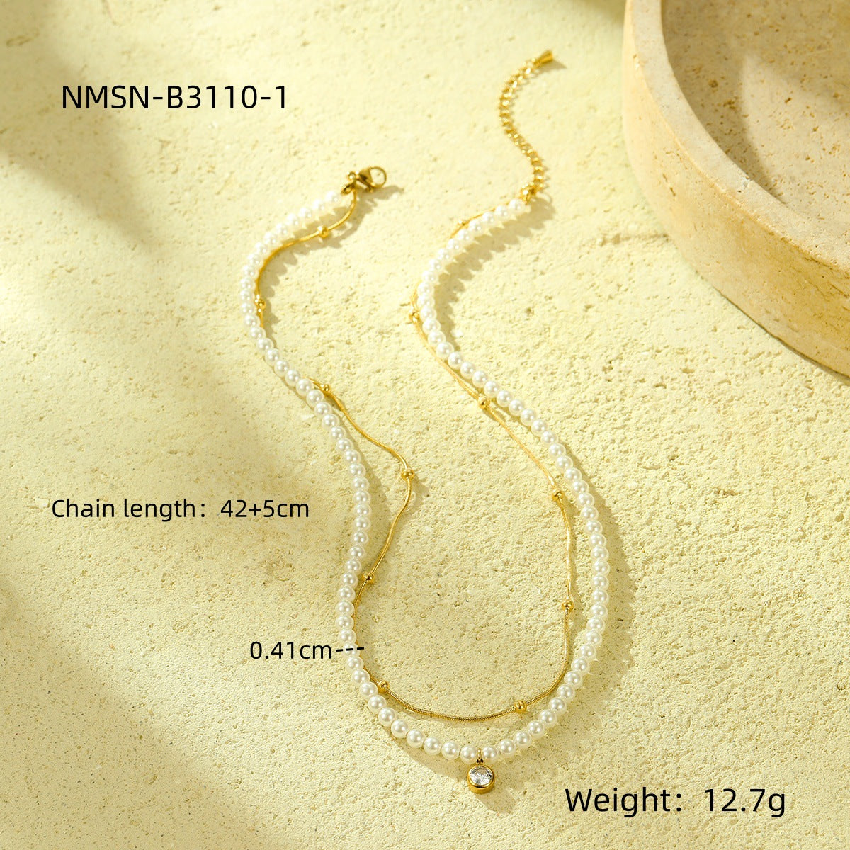 "Double Chain Pearl & Zircon Titanium Necklace – 18K Clavicle Chain"