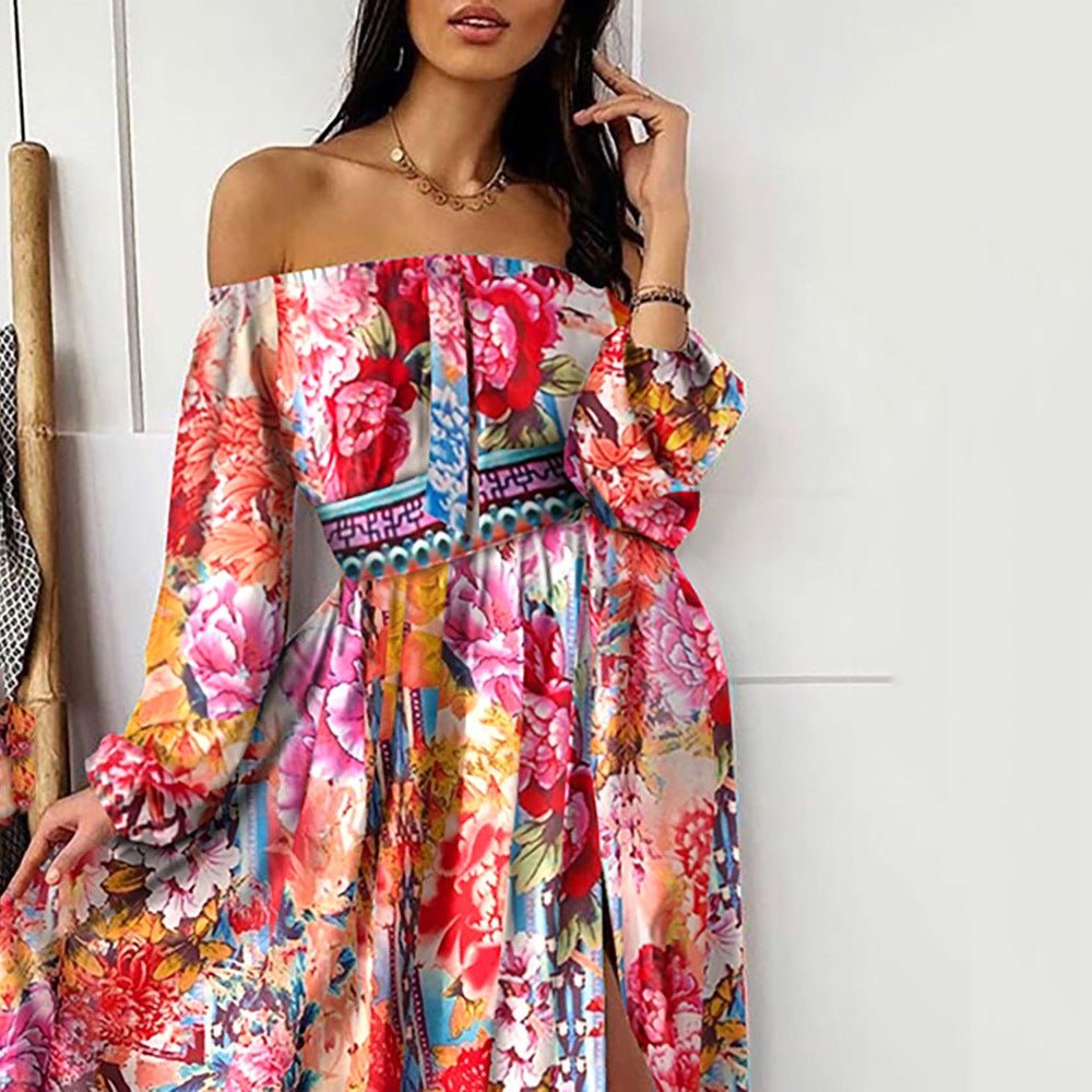 Retro Long Sleeve Split Dress