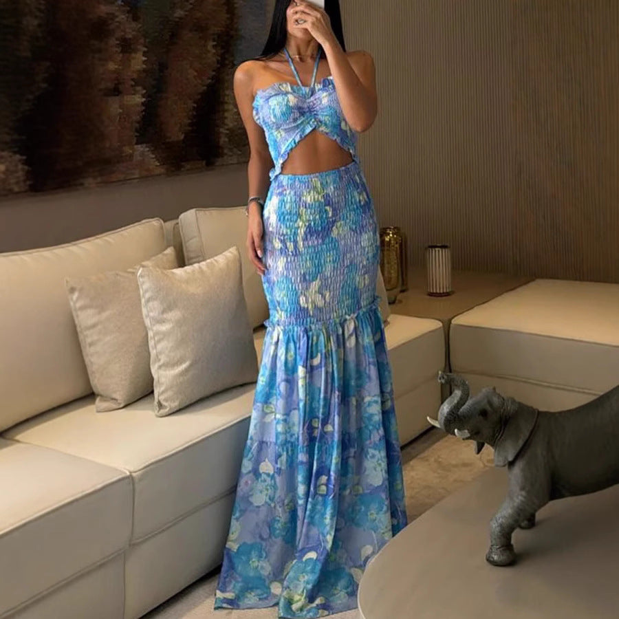 Printed Dress Pleated Casual Loose Vacation