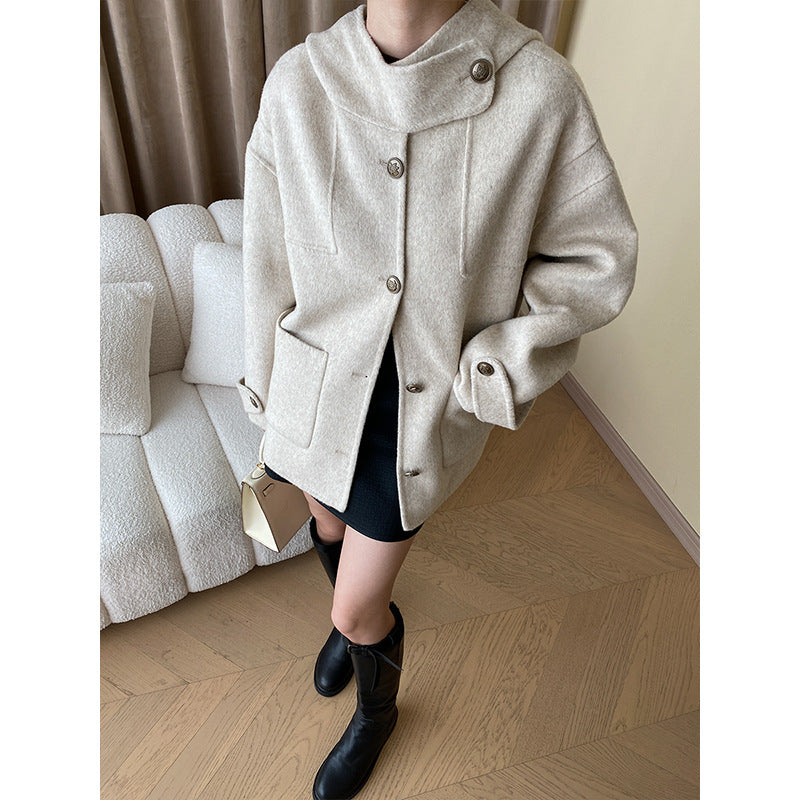 Woolen Hooded Overcoat with Double-Faced Cape"