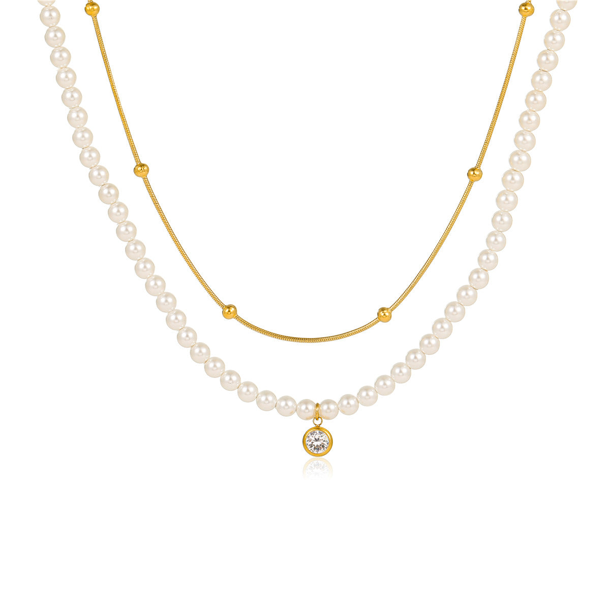 "Double Chain Pearl & Zircon Titanium Necklace – 18K Clavicle Chain"