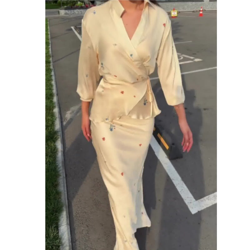 Skirt Set Elegant Satin Long Sleeve Lace up