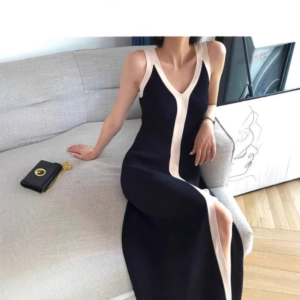 V neck Long Spaghetti Strap Knitted Dress