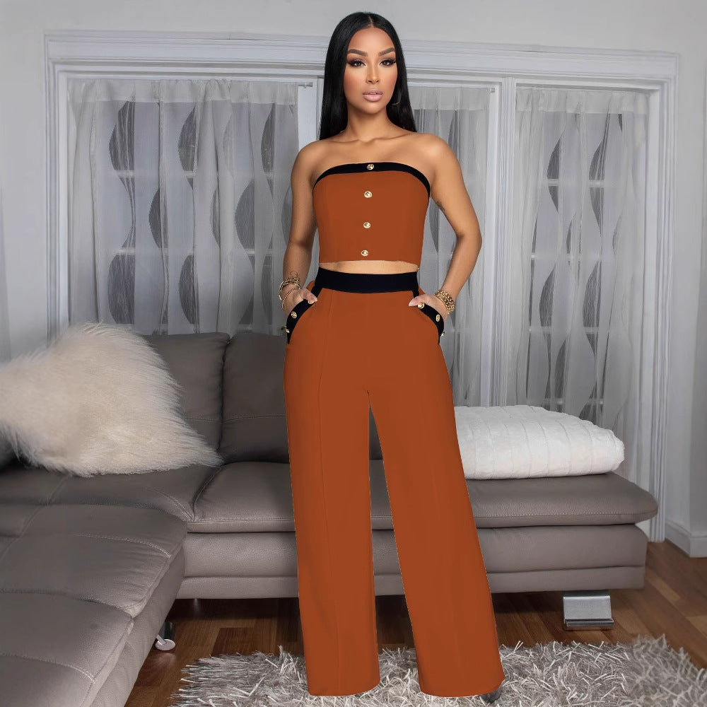 Corset Decorative Buttons Straight High Waist Wide Leg Trousers Set