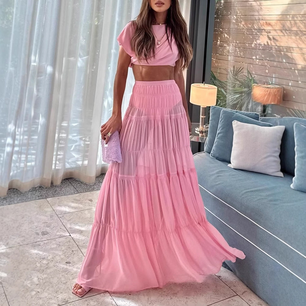 Round Neck Pleated Pink Patchwork Maxi Two Piece Sets