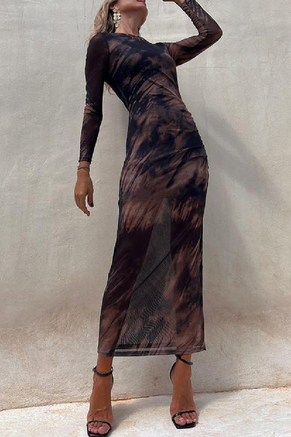 Mesh Print Slim Stretch Long Sleeve Dress