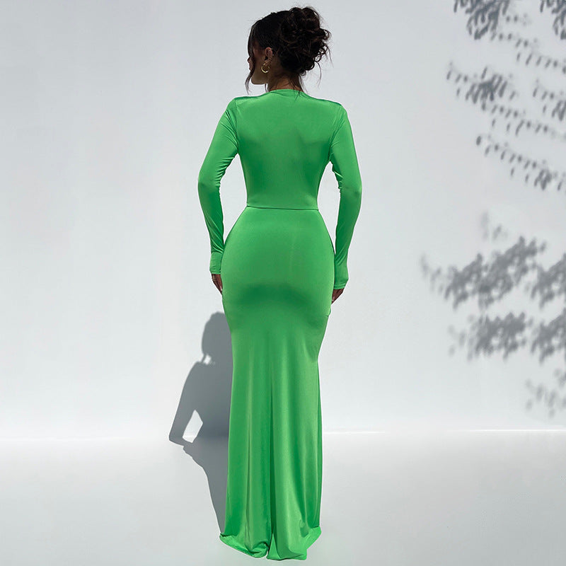 Deep V Plunge neck Long Sleeve Dress High Slit