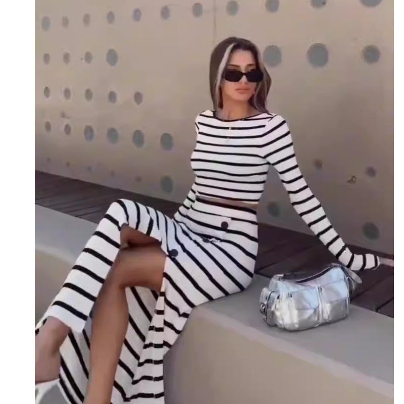 Black White Stripes Long Sleeve Short Top Button Skirt Set