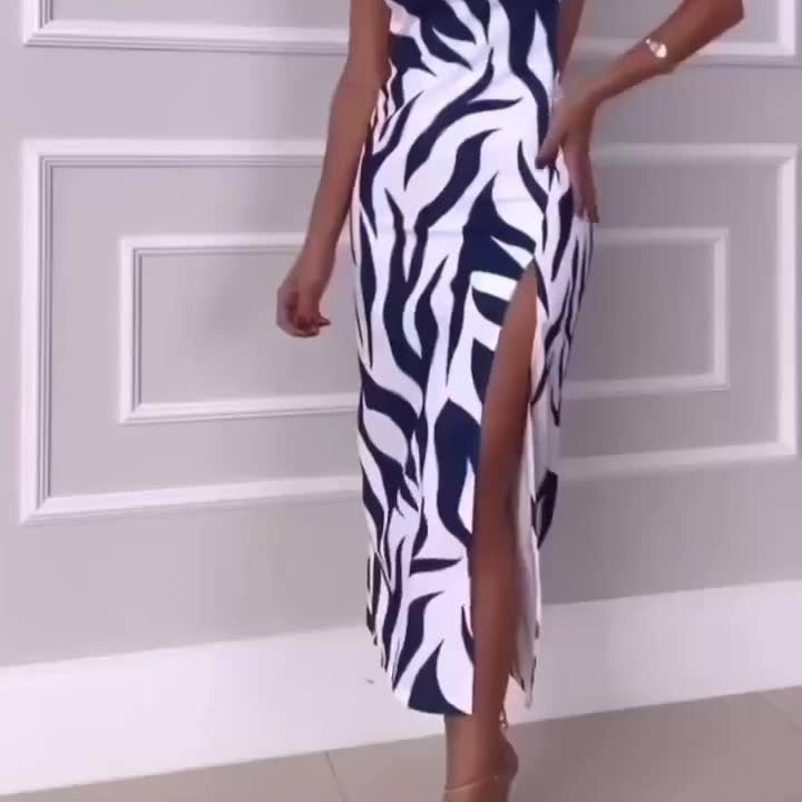 Floral Print Slit Sexy Halter Backless Dress