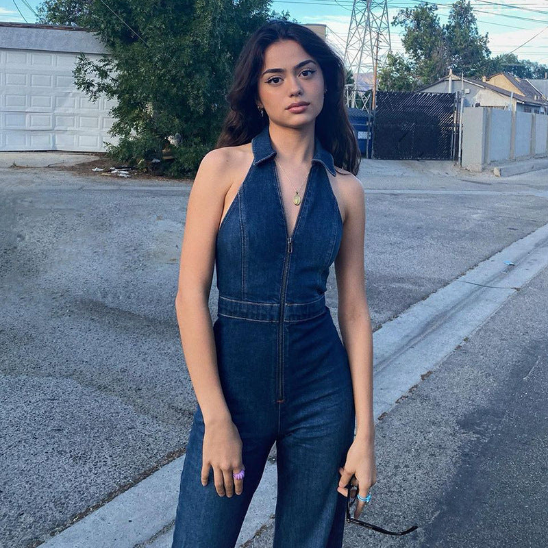 Zipper Sleeveless V-neck High Waist Retro Denim Jumpsuit