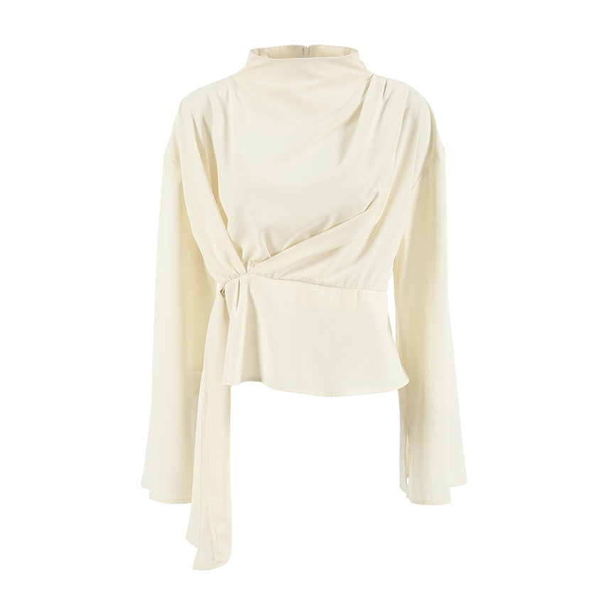 "French Chiffon Bell Sleeve Pleated Split Top"