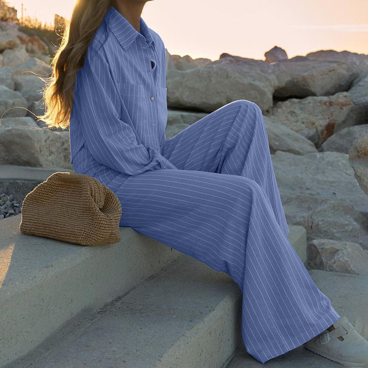 Striped Collared Long Sleeve Short Shirt Loose Wide Leg Pants Two Piece Set
