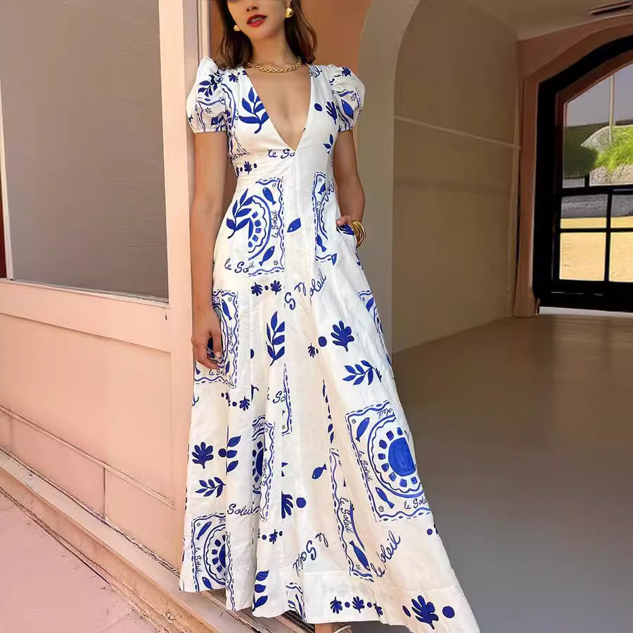 Low V Neck Printed Puff Sleeve Large Swing Cotton Linen Dress