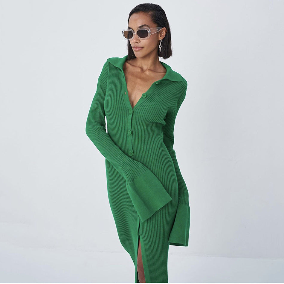 Long Sleeve V-neck Button Bell Sleeve Sweater Dress