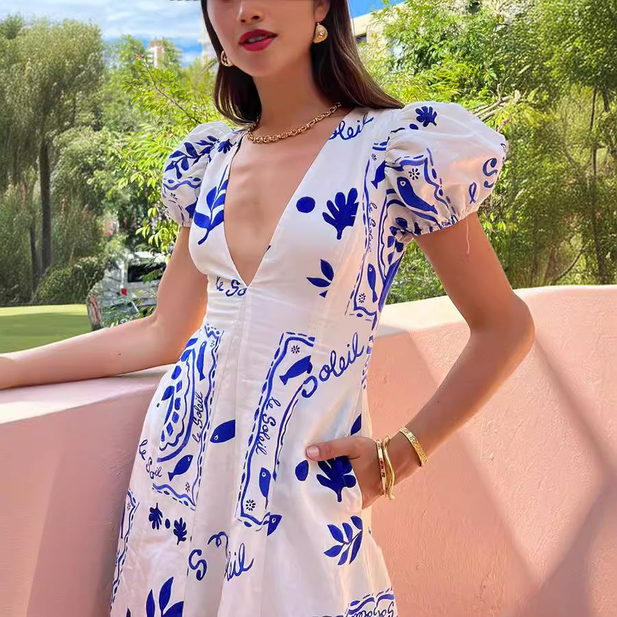 Low V Neck Printed Puff Sleeve Large Swing Cotton Linen Dress
