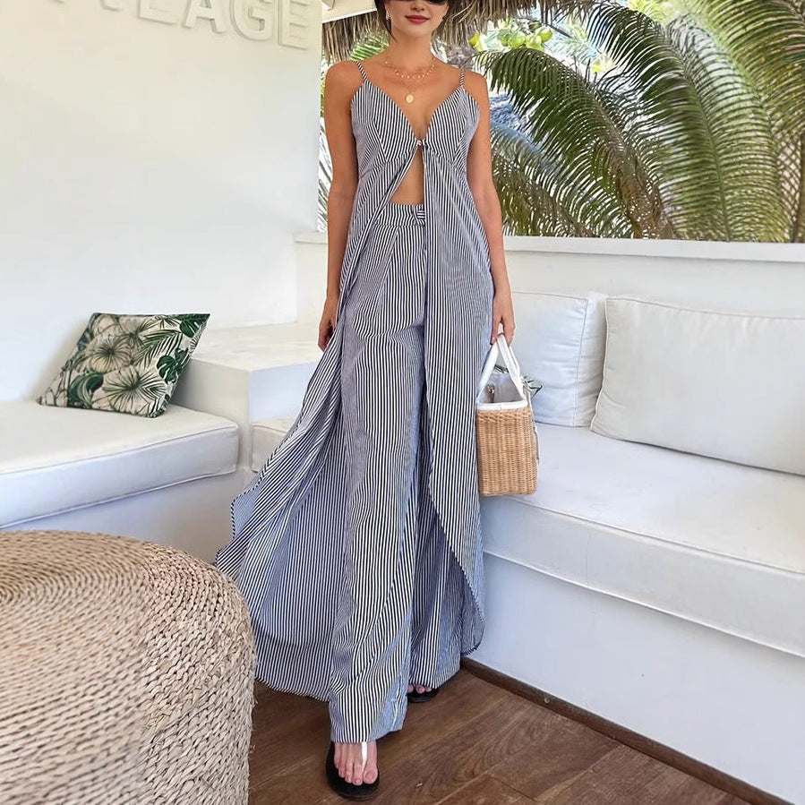 Sleeveless Striped Spaghetti Straps Two Piece Sets