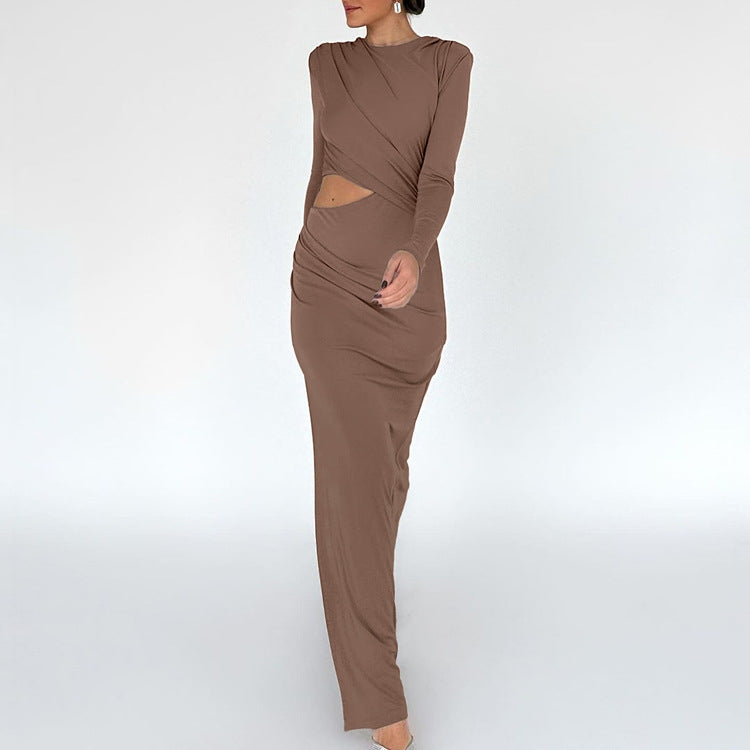 "Hip Slim Pleated Dress with Split & Hollow Out"