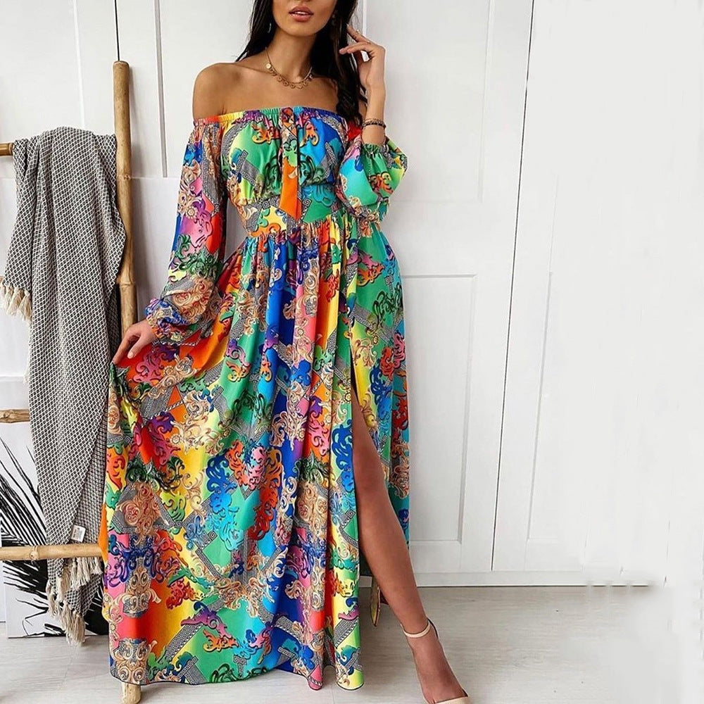 Retro Long Sleeve Split Dress