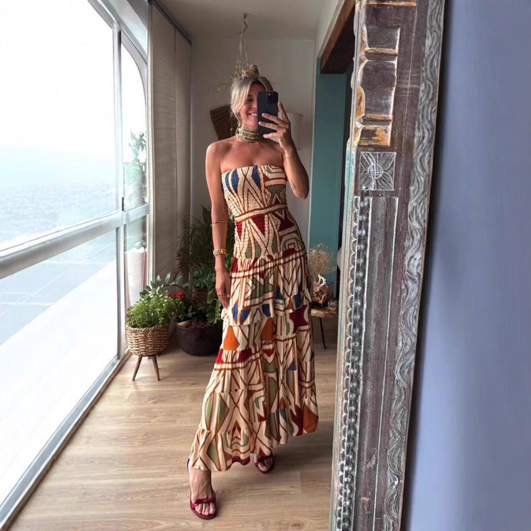 Retro Boho High Waist Printing Slip Dress