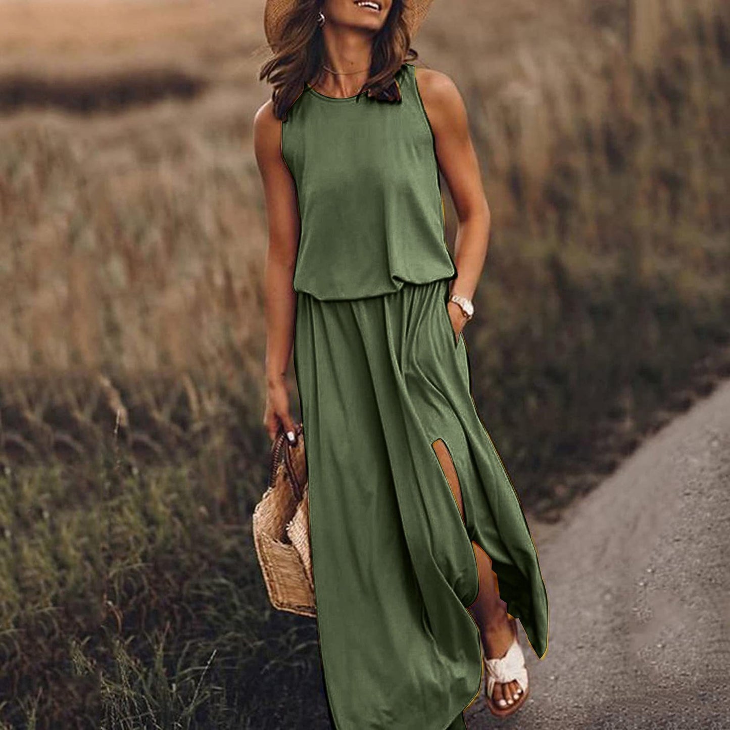 blackish green Sleeveless polyester split dress