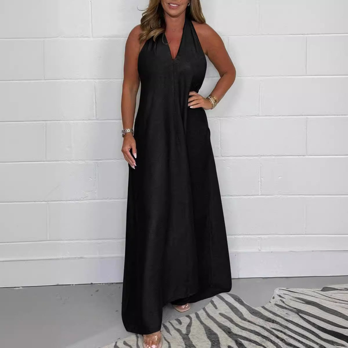 Deep V Plunge Neck T Shape Back Sleeveless Dress
