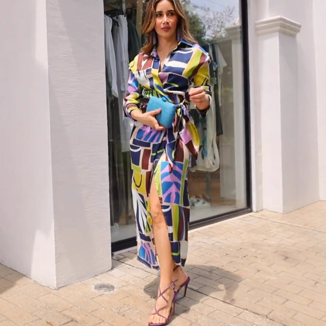 "Printed V-neck Belted Maxi Dress"
