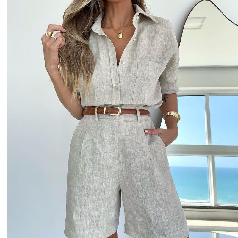 Solid Color Casual Long Sleeve Shirt Shorts Set