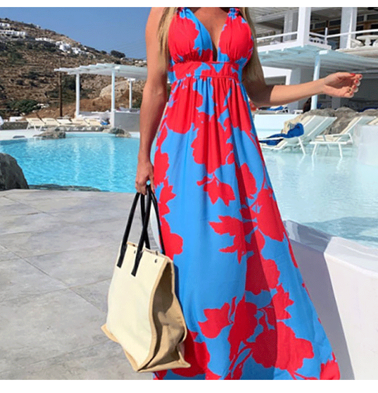 Printed V-neck Spaghetti Straps Sleeveless Dress