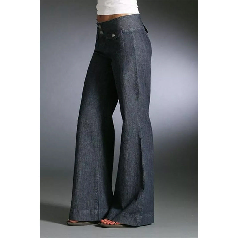 Front Pocket Button High Waist Wide Leg Denim Trousers