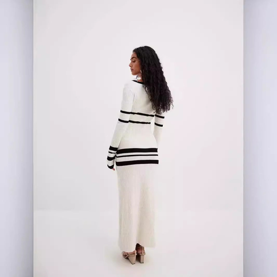Slim Fit Woolen Striped Knitted Dress