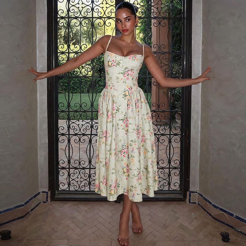 French Style Backless Waist Slimming Printed Dress