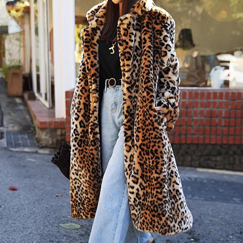 Long Leopard Faux Fur Thick Fleece Coat