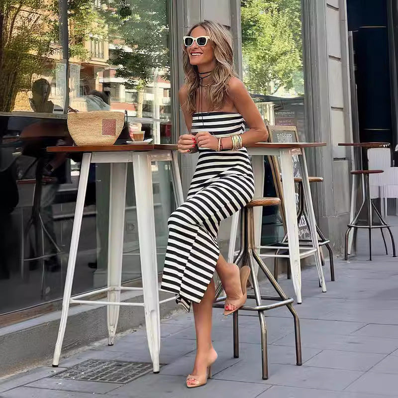 Striped Wrapped Chest Split Sheath Dress