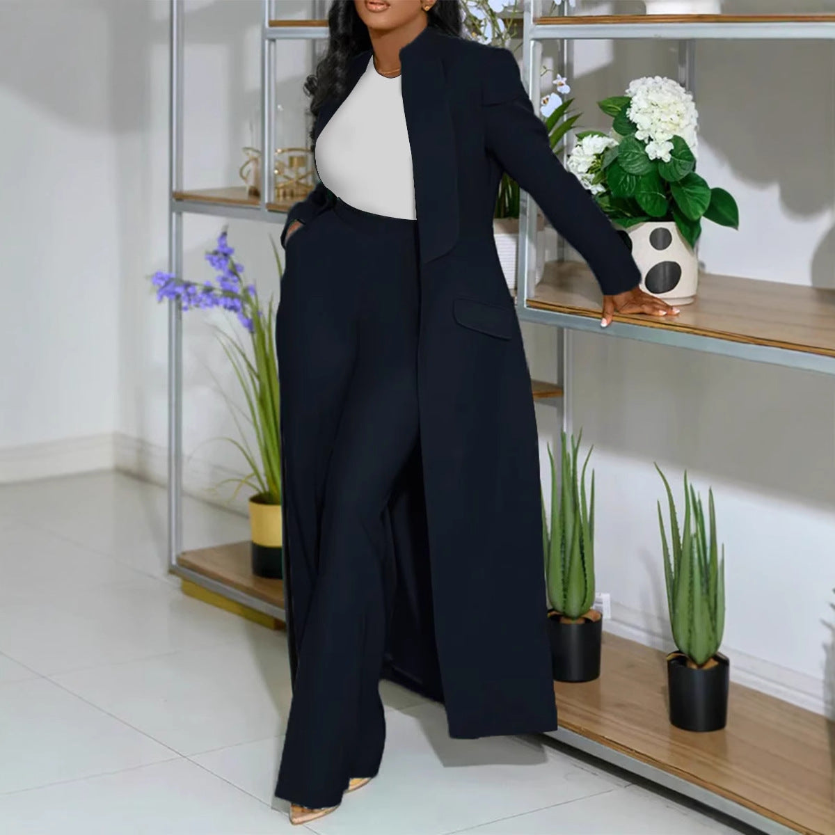Solid Color Polo Collar Long Two Piece Set