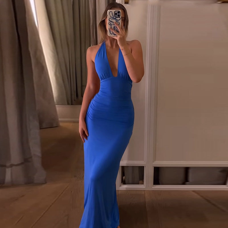 Solid Color Sleeveless V neck Halter Strap Backless Dress