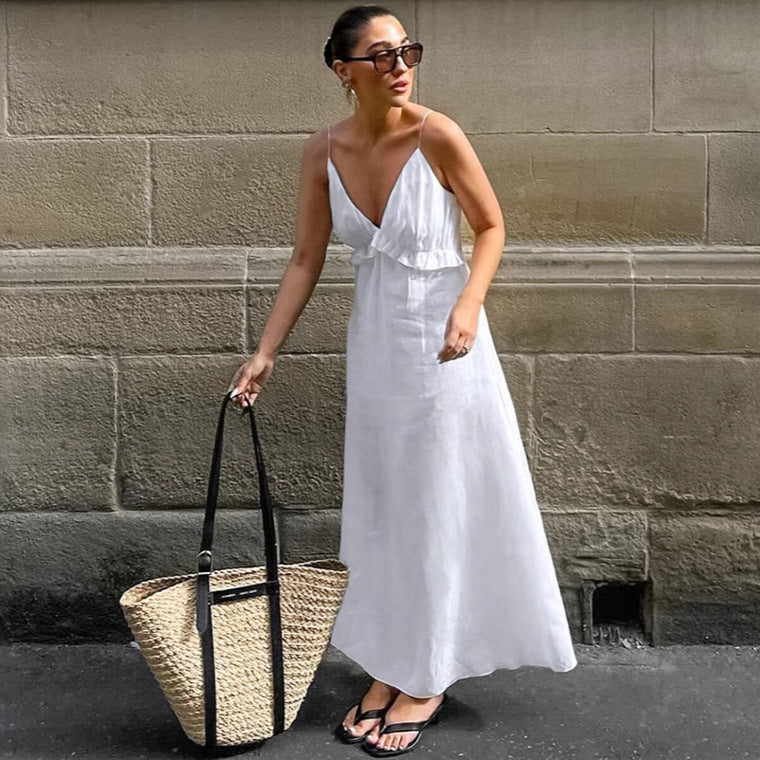 Maxi Dress Cotton Linen V neck Loose