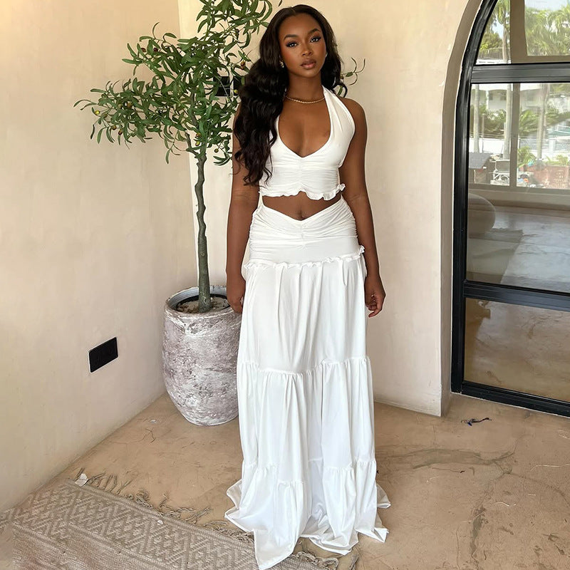 Lace Halter neck Pleated Skirt Two Piece Set