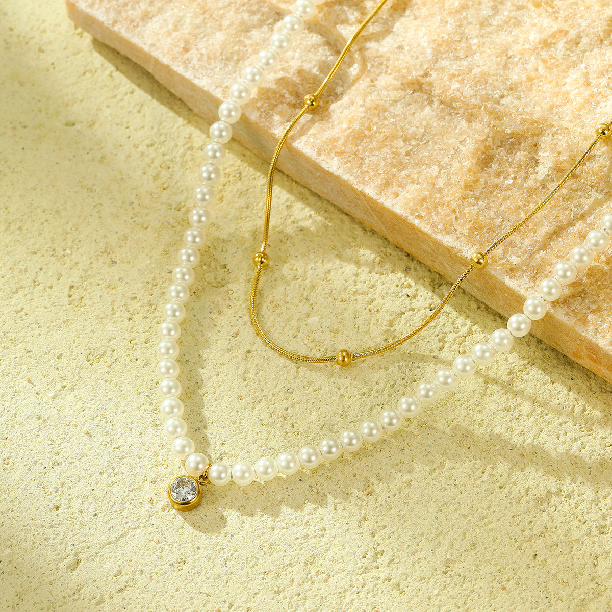 "Double Chain Pearl & Zircon Titanium Necklace – 18K Clavicle Chain"