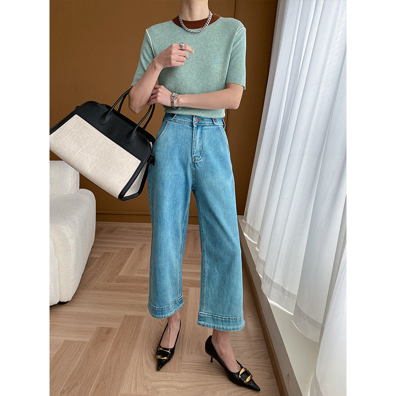 "Retro Contrast Color Round Neck Knitted Short Sleeve Top"