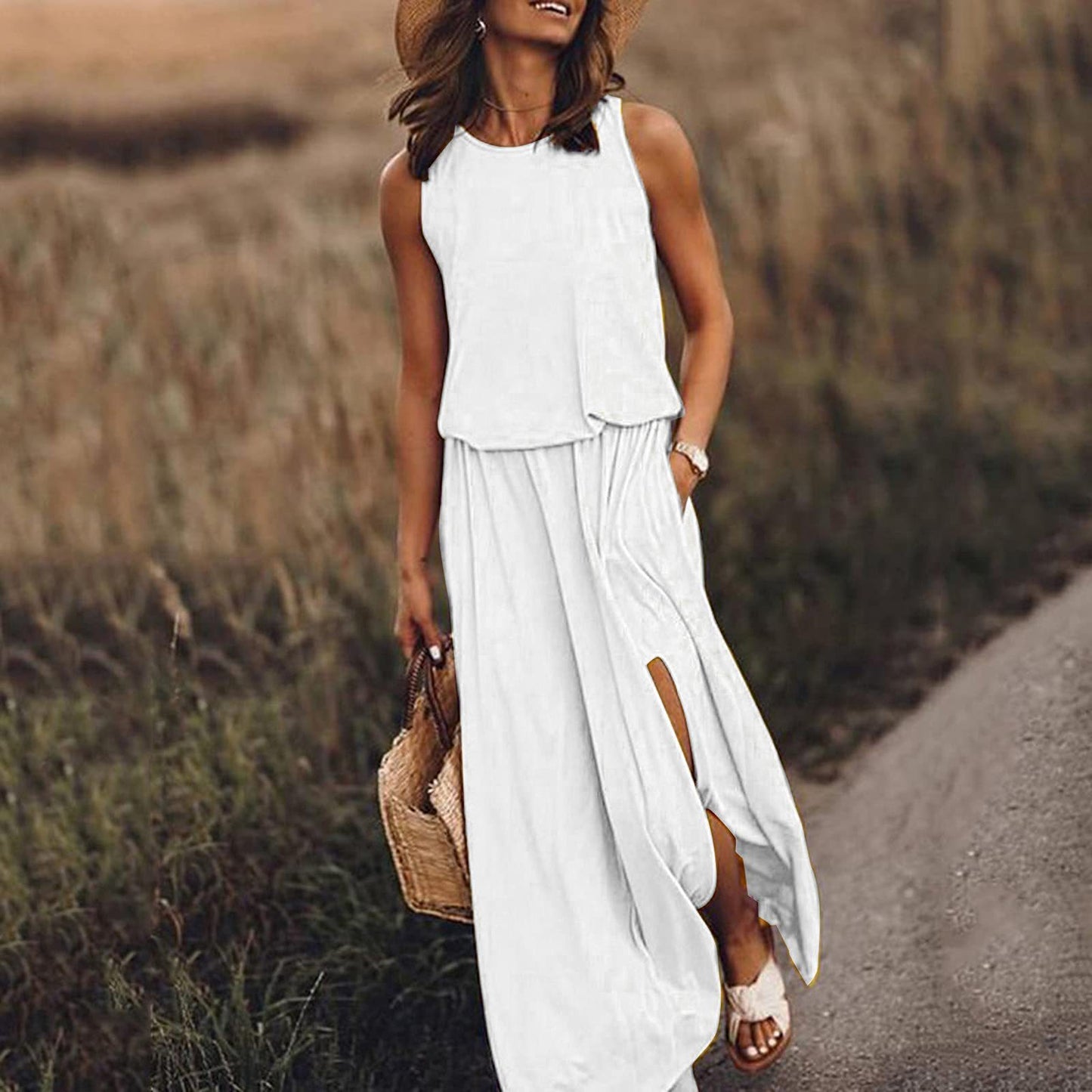 White Loose fit sleeveless A-line maxi dress