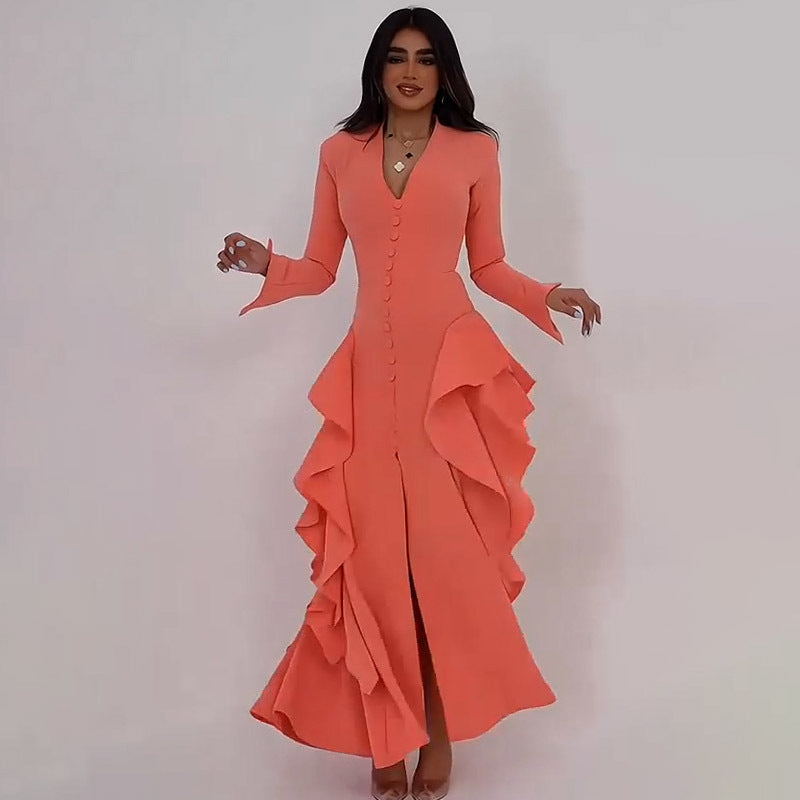 Summer V neck Long Slit Elegant Ruffle Dress