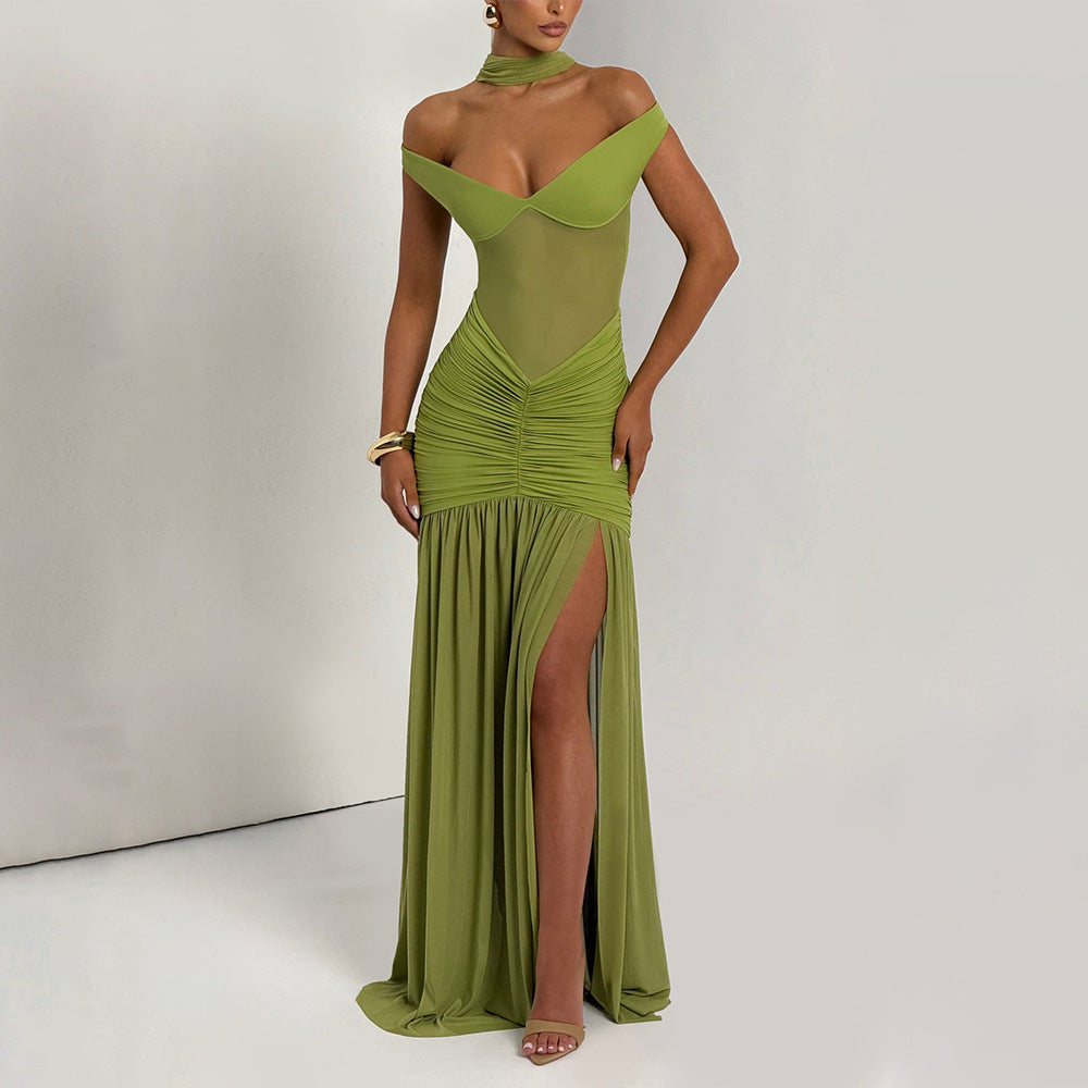 Tube Top Backless Dress Mesh Pleated Slit Dress