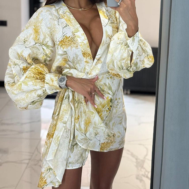 French Digital Printing Long Sleeve V neck Cardigan Dress