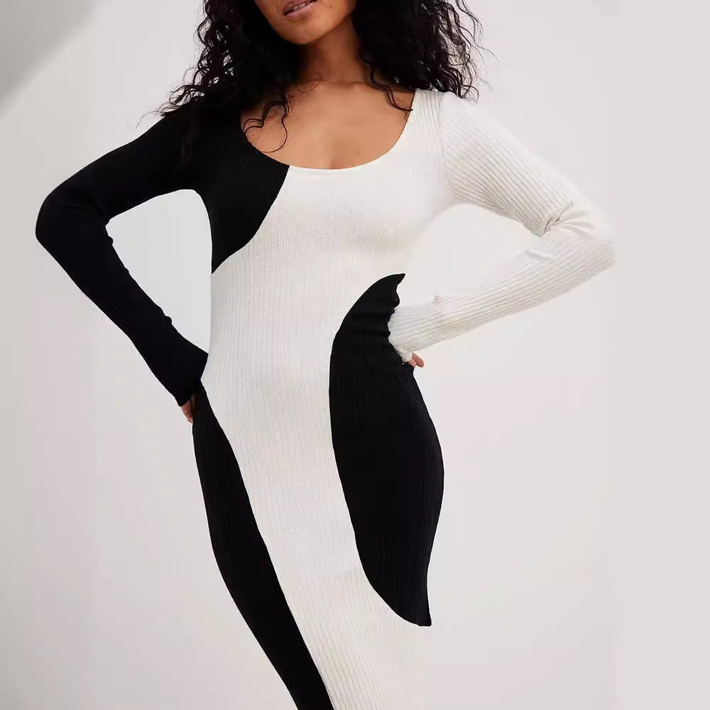 Knitted Black White Matching Long Sleeve Sweater Dress